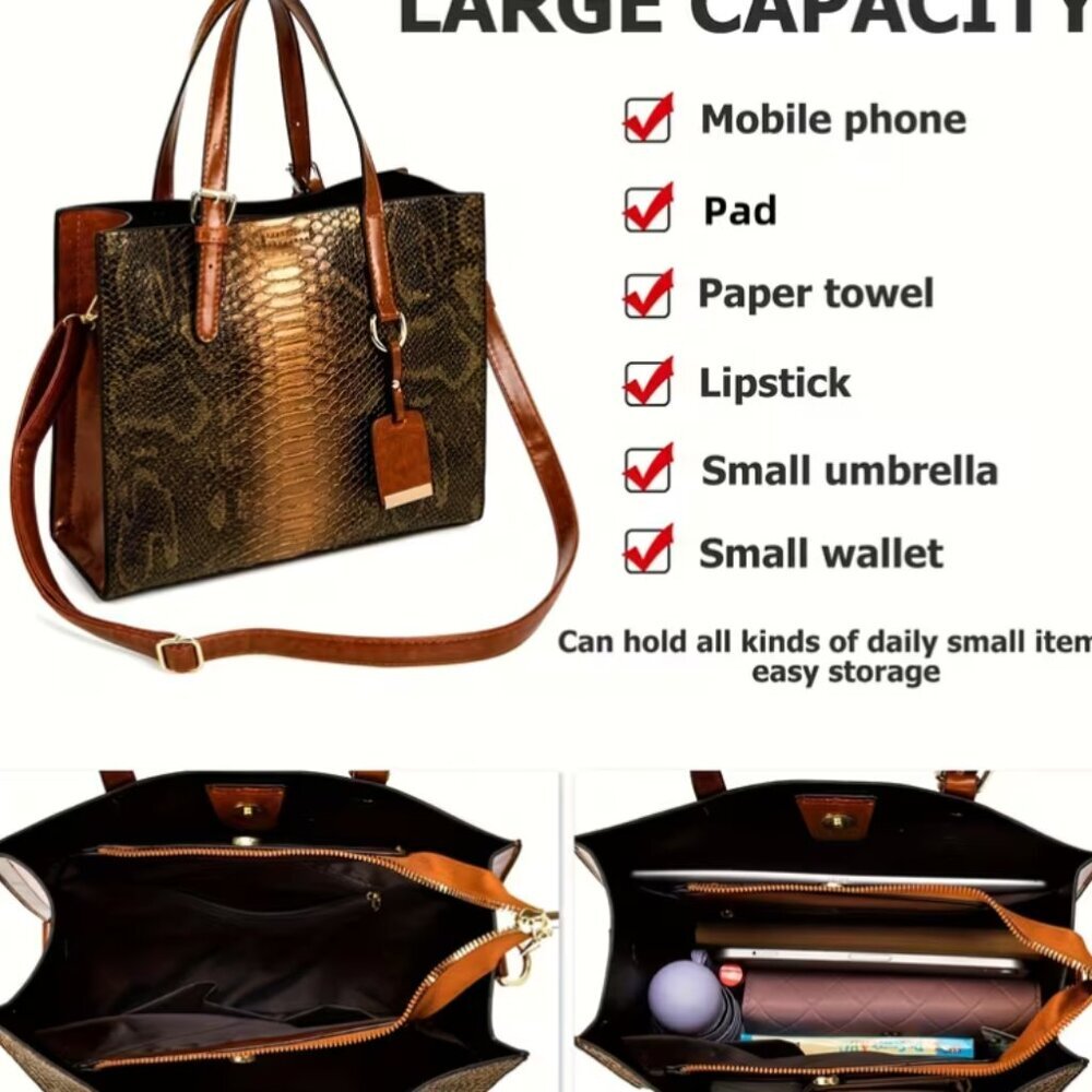 NWOT 3-Piece Croc-Embossed Handbag Set Faux Leather Tote, Crossbody & Wallet - Picture 3 of 3